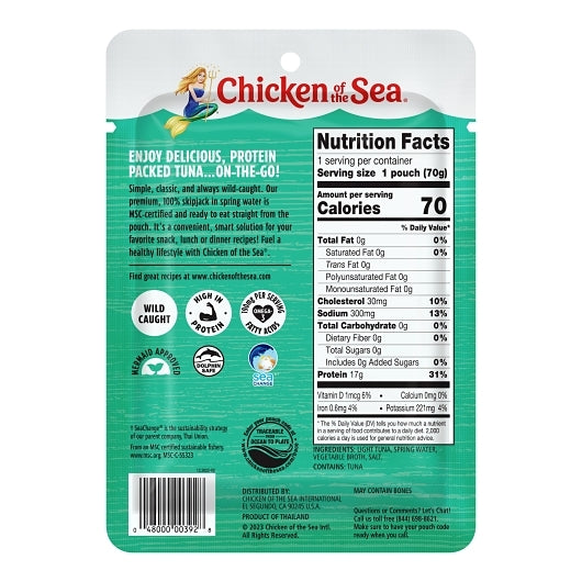 Chicken Of The Sea Premium Light Tuna In Spring Water-2.5 oz. Pouch-12/Case