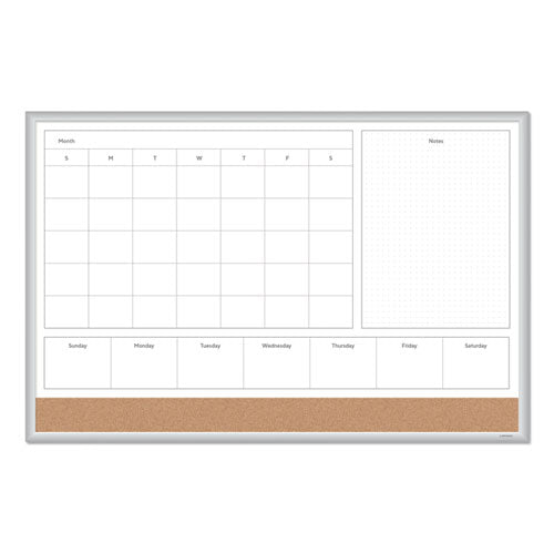 4n1 Magnetic Dry Erase Combo Board, One Month, 36 X 24, White/natural Surface, Silver Aluminum Frame