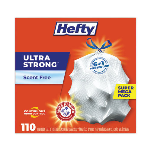 Hefty Ultra Strong Tall Kitchen And Trash Bags 13 Gal 0.9 Mil 23.75"x24.88" White 110 Bags/box 3 Boxes/Case