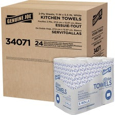 Genuine Joe Kitchen Paper Towels - 2 Ply - 140 Sheets/Roll - White - Perforated, Soft, Absorbent - For Kitchen, Breakroom, Hand - 6 Rolls Per Container - 4 / Carton