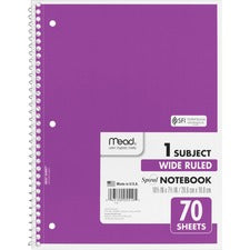 Spiral Notebook, 3-hole Punched, 1-subject, Wide/legal Rule, Randomly Assorted Cover Color, (70) 10.5 X 7.5 Sheets