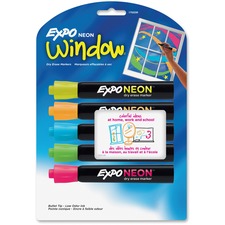 Neon Windows Dry Erase Marker, Broad Bullet Tip, Assorted Colors, 5/pack
