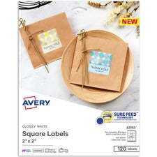 Avery&reg; Printable Square Labels, 22565, 2&rdquo;W x 2&rdquo;D, Glossy White, Pack Of 120 Labels - 2" Width x 2" Length - Permanent Adhesive - Square - Laser, Inkjet - White - Paper - 12 / Sheet - 10 Total Sheets - 120 Total Label(s) - 120 / Pack