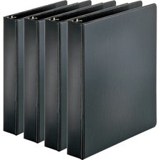 Business Source Basic Round Ring Binders - 1 1/2" Binder Capacity - Letter - 8 1/2" x 11" Sheet Size - 350 Sheet Capacity - 3 x Round Ring Fastener(s) - Internal Pocket(s) - Chipboard, Polypropylene - Black - Exposed Rivet, Sturdy - 4 / Bundle