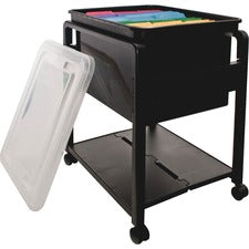 Folding Mobile File Cart, Plastic, 1 Shelf, 1 Bin, 14.5" X 18.5" X 21.75", Black