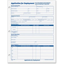 Employee Application Form, One-Part (No Copies), 11 x 8.38, 50 Forms/Pad, 2 Pads/Pack
