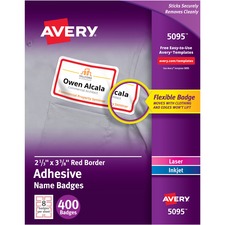 Flexible Adhesive Name Badge Labels, 3.38 X 2.33, White/red Border, 400/box