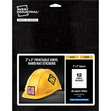 Avery&reg; Printable Hard Hat/Helmet Vinyl Stickers - Square Shape - Full-Bleed Design - Printable, Water Proof, Fade Resistant, UV Coated, Permanent Adhesive, Water Resistant, Durable, Chemical Resistant, Abrasion Resistant - 2" Height x 2" Width - White