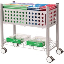 File Cart With Open Top, Metal, 1 Shelf, 2 Bins, 28.25" X 13.75" X 27.38", Matte Gray