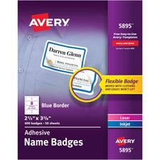 Flexible Adhesive Name Badge Labels, 3.38 X 2.33, White/blue Border, 400/box