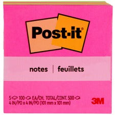 Post-it® Notes - Poptimistic Color Collection - 4" x 4" - Square - 100 Sheets per Pad - Fuchsia, Neon Green, Neon Orange - Repositionable, Self-adhesive - 5 / Pack