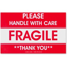 Tatco Fragile/Handle With Care Shipping Label - "Fragile - Handle with Care" , "Thank You" - 3" x 5" Length - Rectangle - Red - 500 / Roll - 500 / Roll