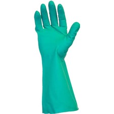 Safety Zone Green Flock Lined Nitrile Gloves - Chemical Protection - Medium Size - Green - Straight Cuff, Raised Diamond Grip, Flock-lined - For Dishwashing, Cleaning, Meat Processing - 15 mil Thickness - 13" Glove Length
