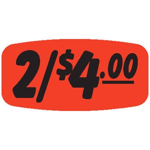 Label - 2/$4.00 Black On Red Short Oval 1000/Roll