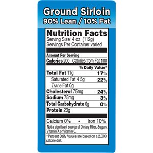 Label - Ground Sirloin 90% Lean/10% Fat (nut Fact) Blue/Black/UV 1.5x3.0 In. 1M/Roll