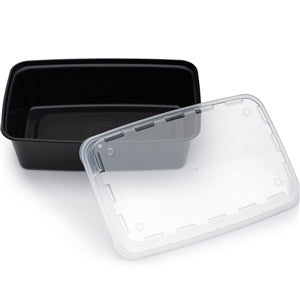 Cubeware Rectangular Black Reusable Plastic Microwavable Food Container with Clear Lid Set 16 Ounce - 150 Set per Case.