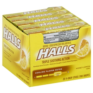 Halls Stick Honey Lemon Cough Drops-9 Count-20/Box-24/Case
