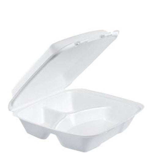Large Three Compartment Hinged Lid Tray 9.4 X 9 X 3 White 200/Case