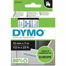Dymo D1 Electronic Tape Cartridge-1/2" Width X 23 Ft Length-Blue White-1 Each-Easy Peel Durable