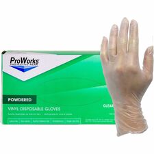 ProWorks Vinyl Powdered Industrial Gloves-Large Size-Vinyl-Clear-Powdered  Disposable  Beaded Cuff  Non-sterile-For Industrial  General Purpose  Construction  Food Processing  Food Service  Hospitality-100/Box-3 Mil Thickness-9" Glove Length
