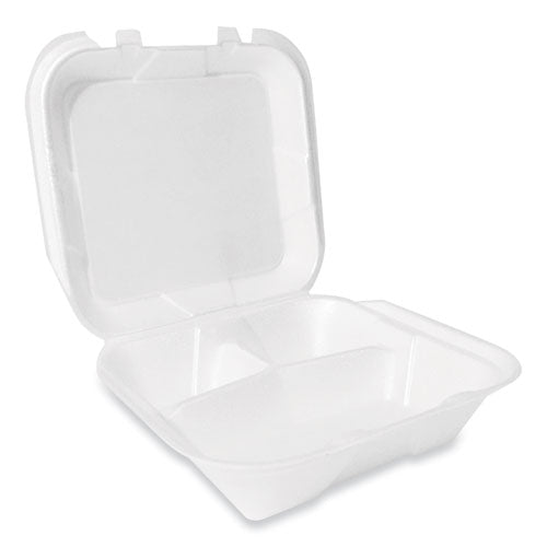 Plastifar Foam Hinged Lid Container Secure Two Tab Latch Poly Bag 3-compartment 9x9x3 White 100/bag 2 Bags/Case