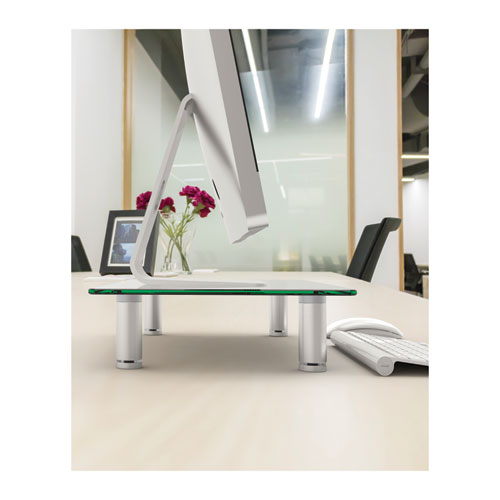 Adjustable Tempered Glass Monitor Riser, 15.75" X 9.5" X 3" To 3.5", Clear/silver, Supports 44 Lbs