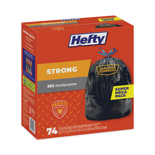 Hefty Strong Multipurpose Drawstring Trash Bags 30 Gal 1.1 Mil 30"x33" Black 74/box 3 Boxes/Case