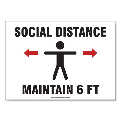 Social Distance Signs, Wall, 7 X 10, Visitors And Employees Distancing, Humans/arrows, Red/white, 10/pack