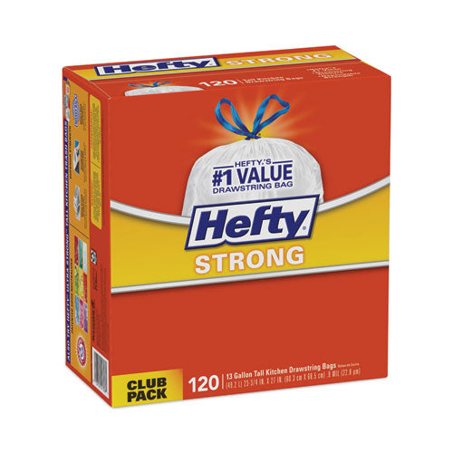 Hefty Strong Tall Kitchen Drawstring Bags 13 Gal 0.9 Mil 23.75"x27" White 90 Bags/box 3 Boxes/Case
