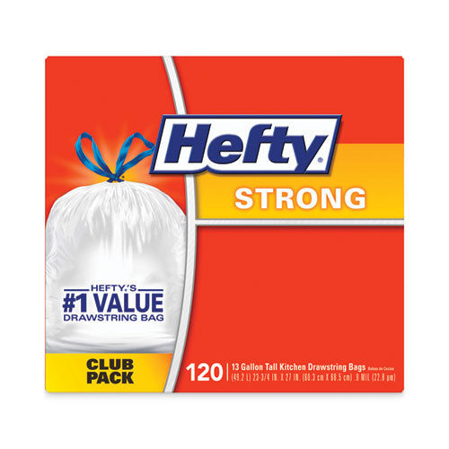 Hefty Strong Tall Kitchen Drawstring Bags 13 Gal 0.9 Mil 23.75"x27" White 90 Bags/box 3 Boxes/Case