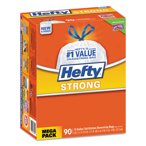Hefty Strong Tall Kitchen Drawstring Bags 13 Gal 0.9 Mil 23.75"x27" White 90 Bags/box 3 Boxes/Case