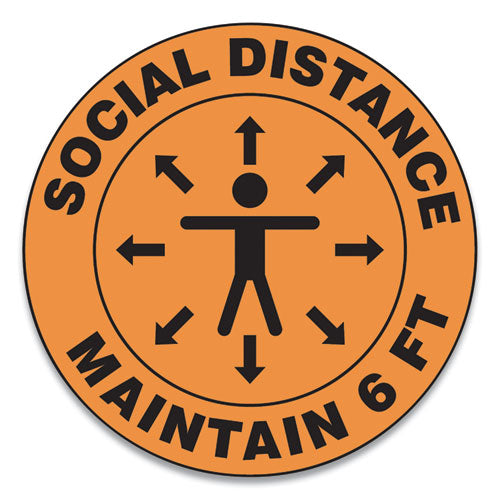 Slip-gard Social Distance Floor Signs, 12" Circle, "social Distance Maintain 6 Ft", Human/arrows, Orange, 25/pack