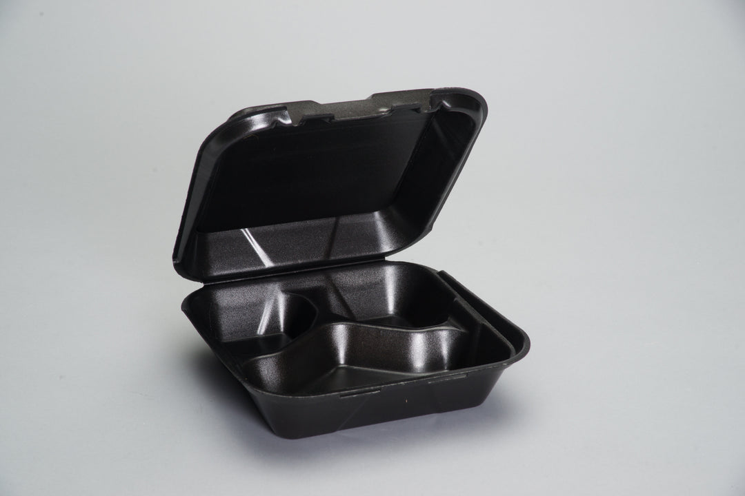 Genpak 8.25 Inch X 8 Inch X 3 Inch Black Medium 3 Compartment Snap It Foam Hinged Dinner Container-100 Each-100/Box-2/Case