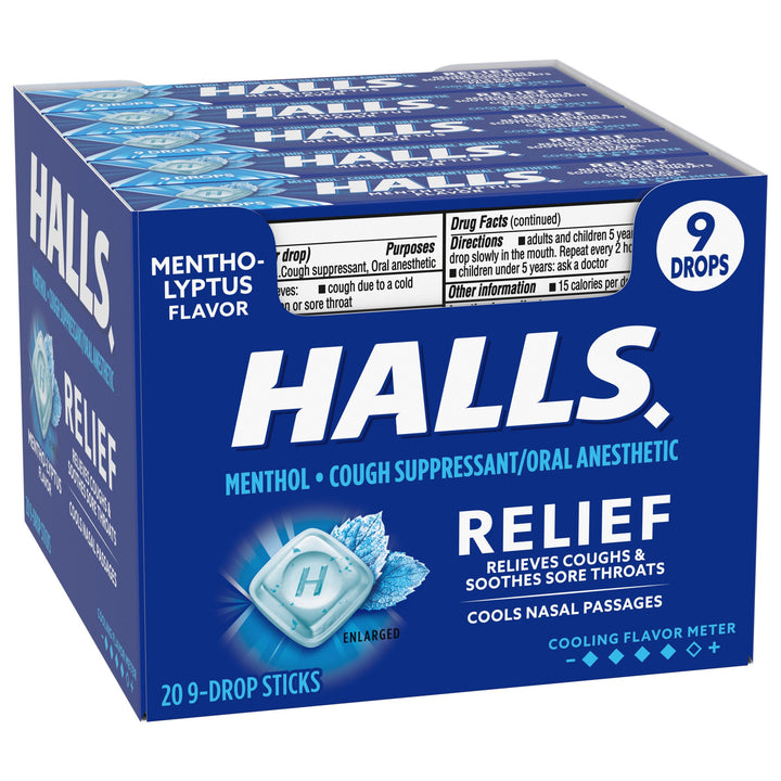 Halls Menthol Eucalyptus Cough Drops-9 Count-20/Box-24/Case
