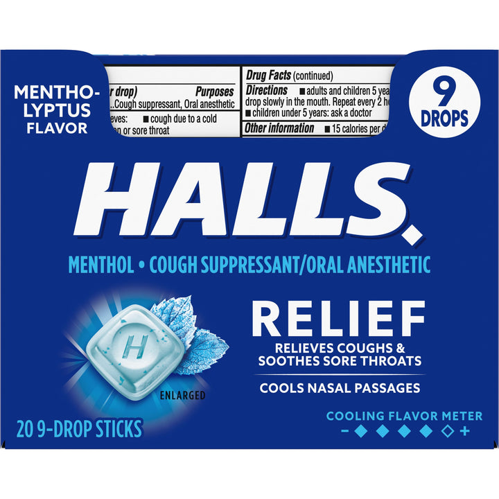 Halls Menthol Eucalyptus Cough Drops-9 Count-20/Box-24/Case