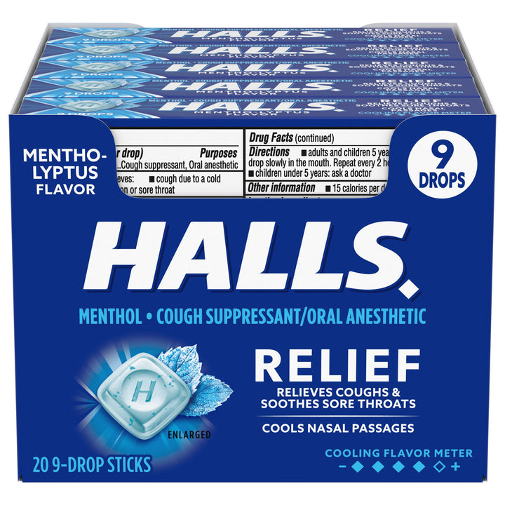 Halls Menthol Eucalyptus Cough Drops-9 Count-20/Box-24/Case