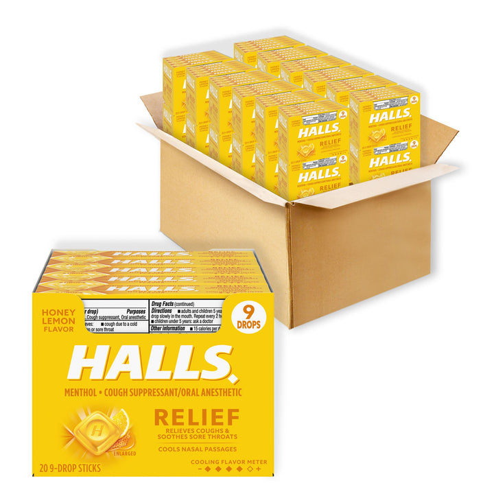 Halls Stick Honey Lemon Cough Drops-9 Count-20/Box-24/Case