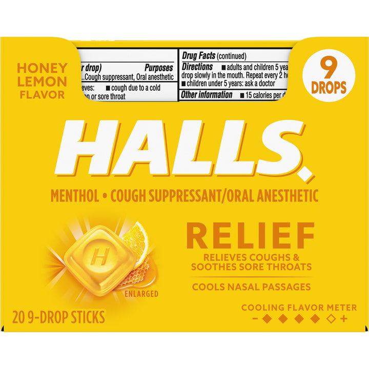 Halls Stick Honey Lemon Cough Drops-9 Count-20/Box-24/Case