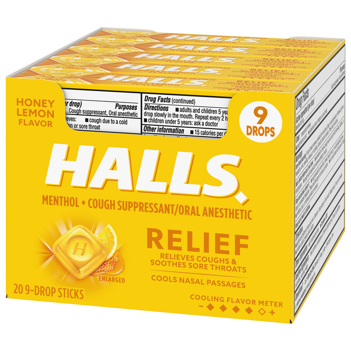 Halls Stick Honey Lemon Cough Drops-9 Count-20/Box-24/Case