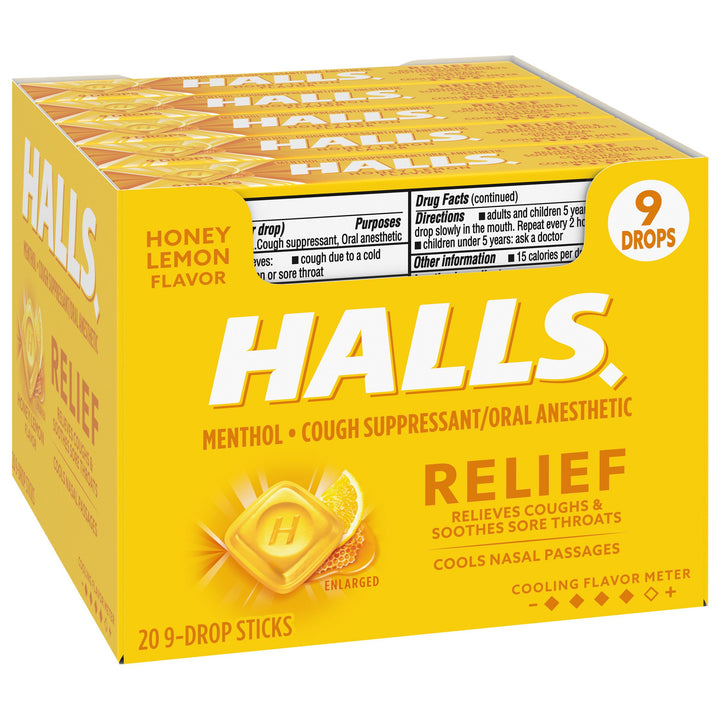 Halls Stick Honey Lemon Cough Drops-9 Count-20/Box-24/Case