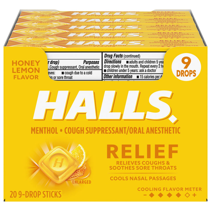 Halls Stick Honey Lemon Cough Drops-9 Count-20/Box-24/Case
