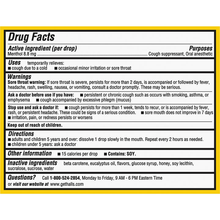 Halls Stick Honey Lemon Cough Drops-9 Count-20/Box-24/Case