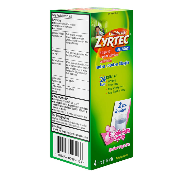 Zyrtec Allergy Sugar Free Dye Free Syrup Bottle-4 fl oz.-3/Box-12/Case