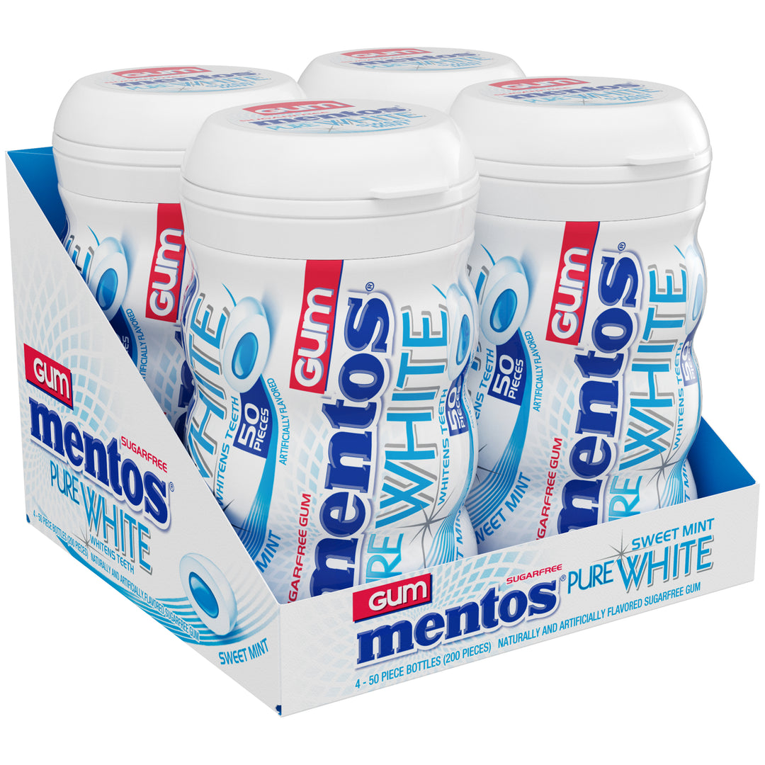 Mentos Sugar Free Pure Fresh Gum Pure White Curvy Bottle-50 Piece-4/Box-6/Case
