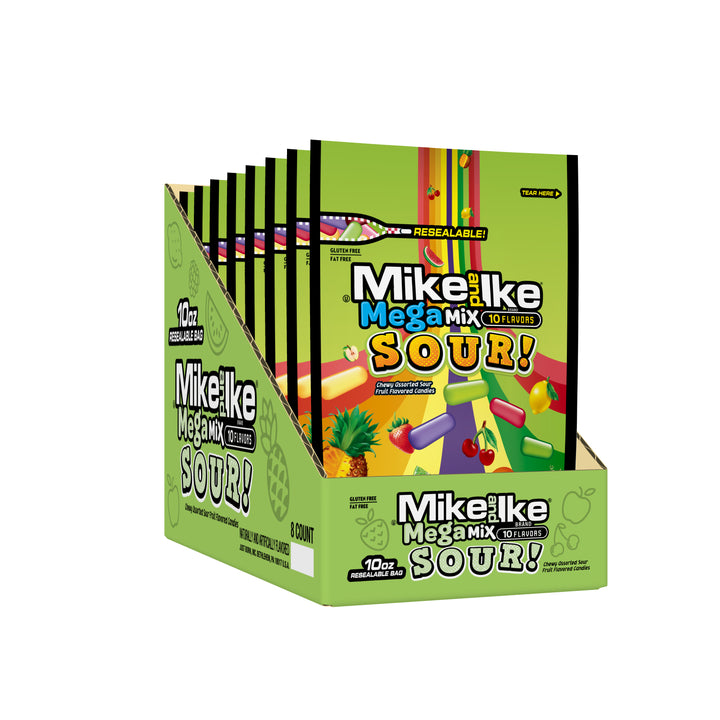 Mike & Ike Mega Mix Sour Stand Up Bag Gummy Candy-10 oz.-8/Case