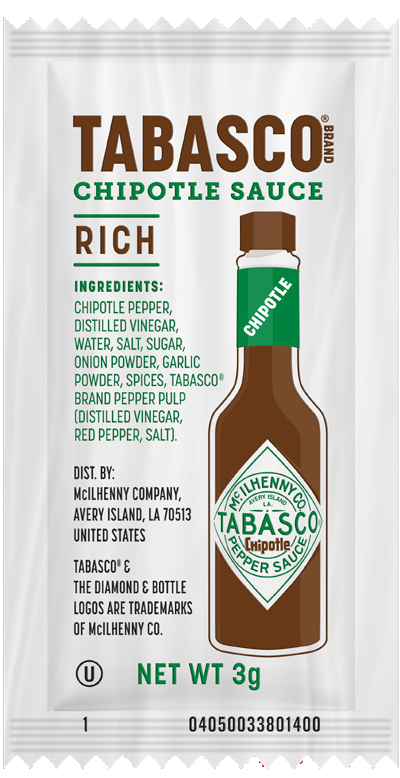 Tabasco Chipotle Pepper Portion Pack Hot Sauce Single Serve 200/3 Ml.