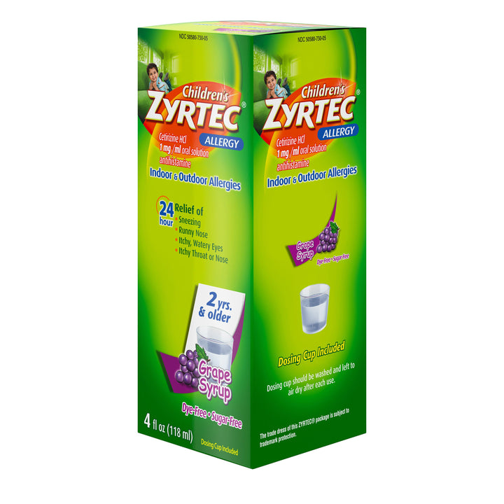 Zyrtec Allergy Sugar Free Dye Free Grape Syrup Bottle-4 fl oz.-3/Box-12/Case