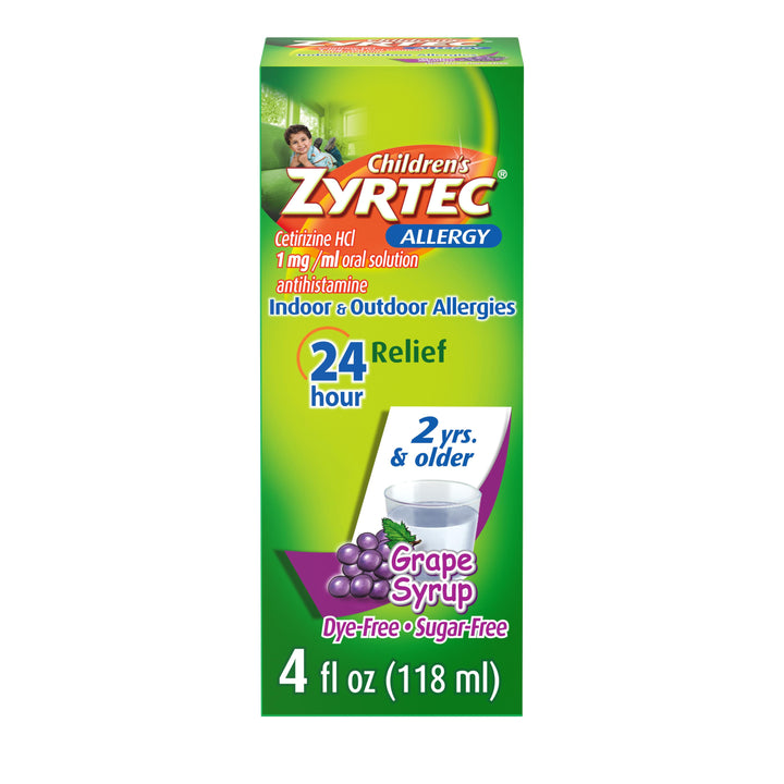 Zyrtec Allergy Sugar Free Dye Free Grape Syrup Bottle-4 fl oz.-3/Box-12/Case