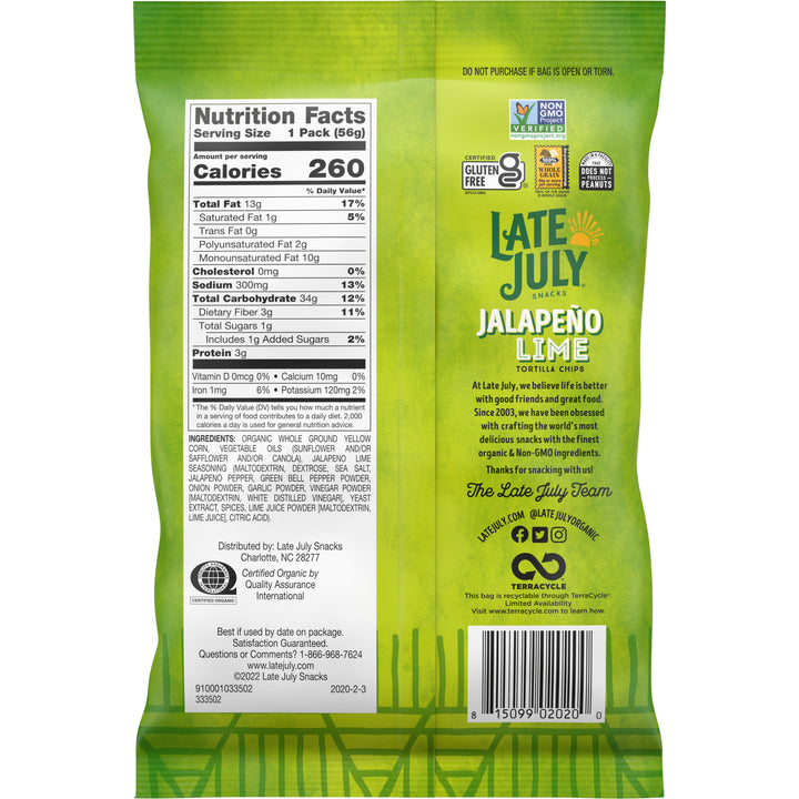 Late July Tortilla Chips Clasico Jalapeno Lime-2 oz.-6/Case