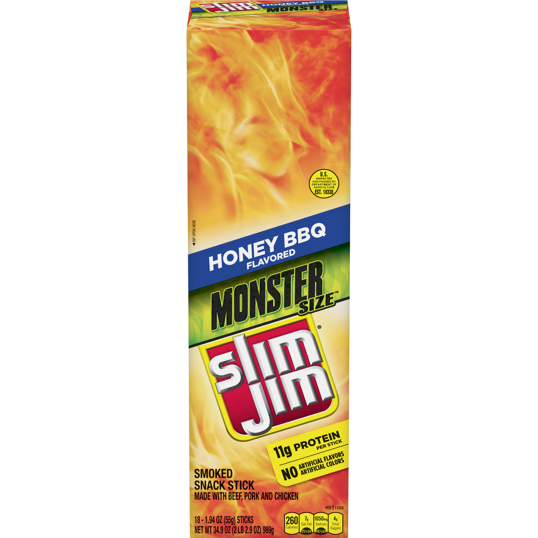 Slim Jim Monster Honey Barbecue Flavored Smoked Meat Snack Sticks-1.94 oz.-18/Box-6/Case